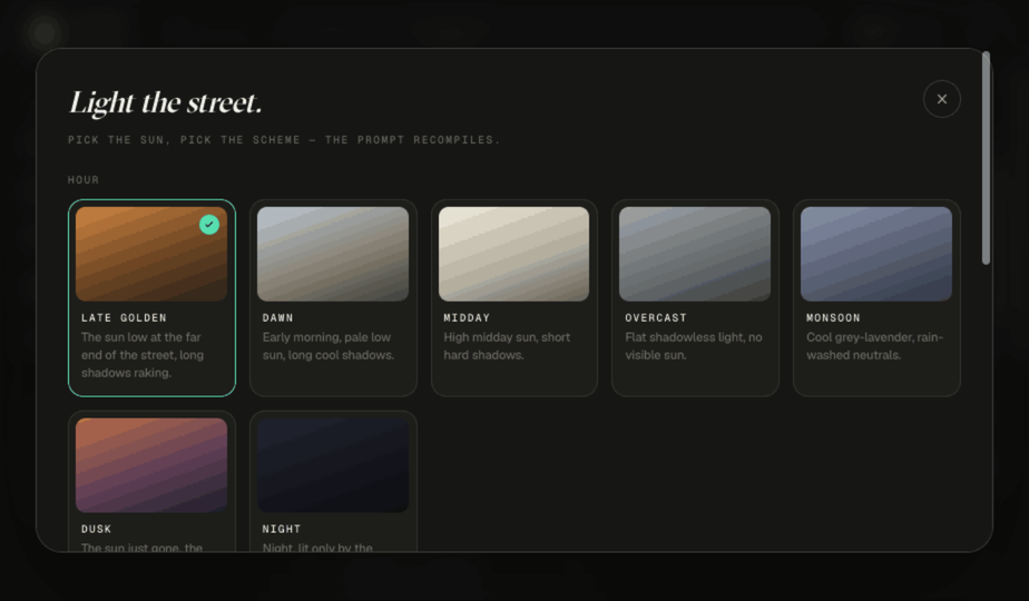 The look picker: hour, scheme, camera, genre